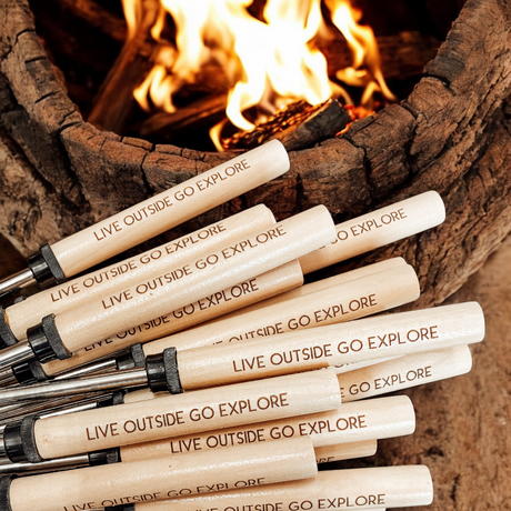 Personalized marshmallow roasting sticks for lodge and outdoor hotel gift shops — custom engraved smores sticks wholesale for hospitality brands