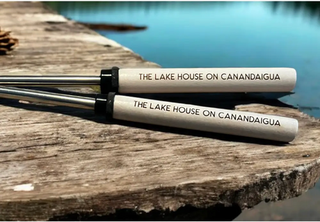 Personalized marshmallow roasting sticks laser engraved with "The Lake House on Canandaigua" — custom campfire roasting sticks for lodges, resorts, 