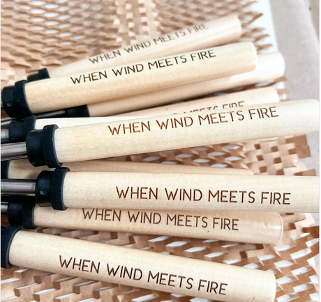 Bulk custom marshmallow roasting sticks laser engraved with "When Wind Meets Fire" — wholesale campfire roasting sticks